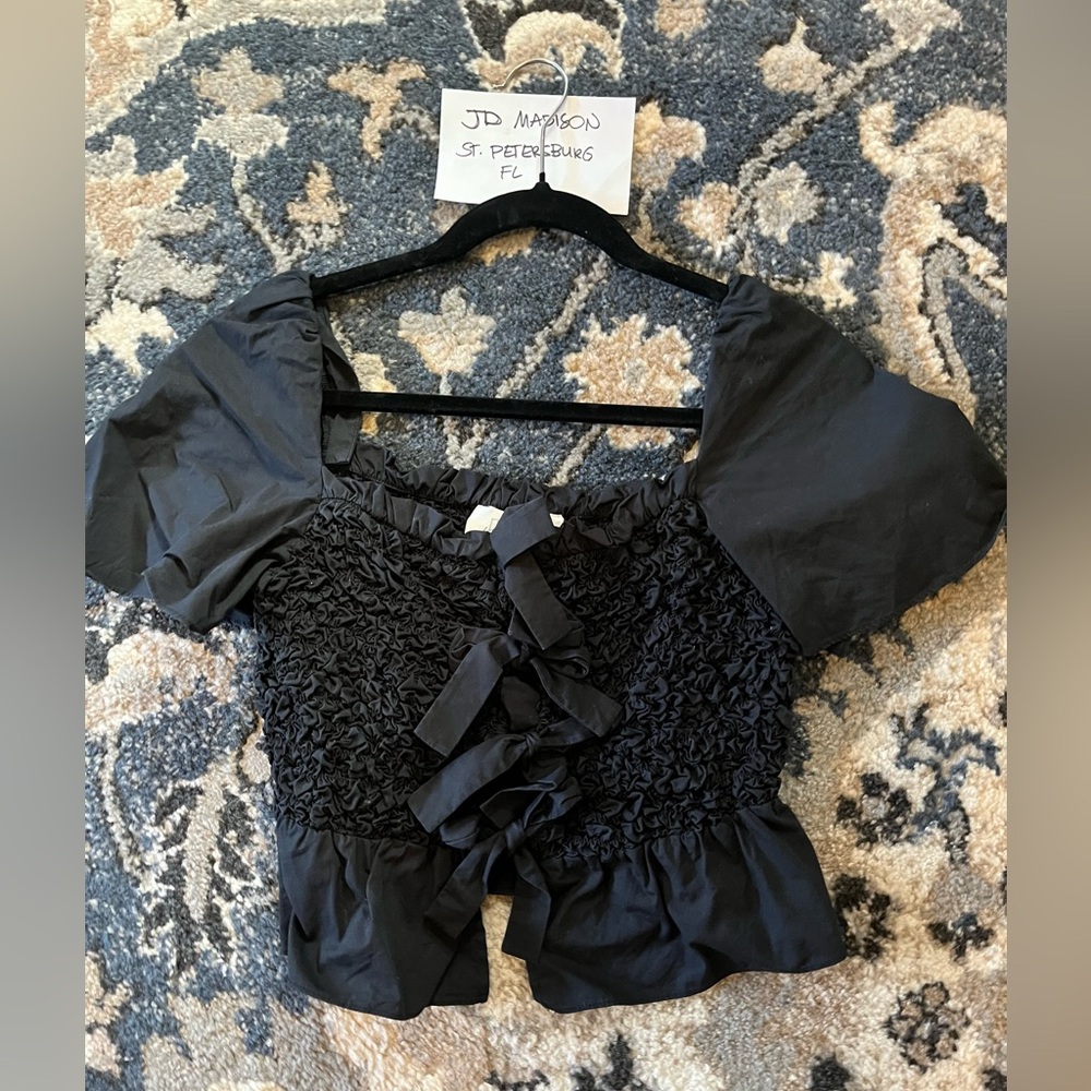 Mare Mare x Anthropologie Black Smocked Blouse Top Bows Cotton Womens Size XS - Picture 2 of 4